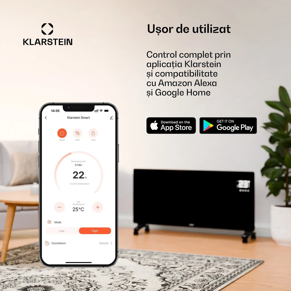 Klarstein Bornholm Smart, convector electric, 2000 W, WiFi, afișaj LED, cronometru, IP24, alb