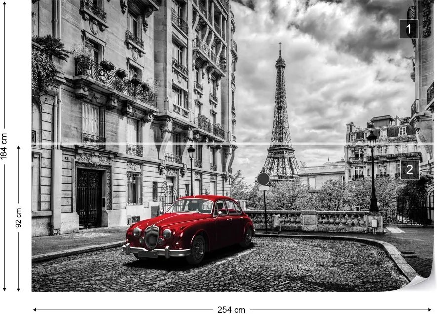 GLIX Fototapet - Black And White Red Car Paris Vliesová tapeta  - 254x184 cm