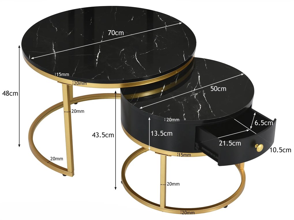 Set de 2 Măsuțe de Cafea Moderne Suprapuse cu Efect de Marmură Lucioasă, Structură din Metal, 70x70x48 cm și 50x50x43,5 cm, Negru