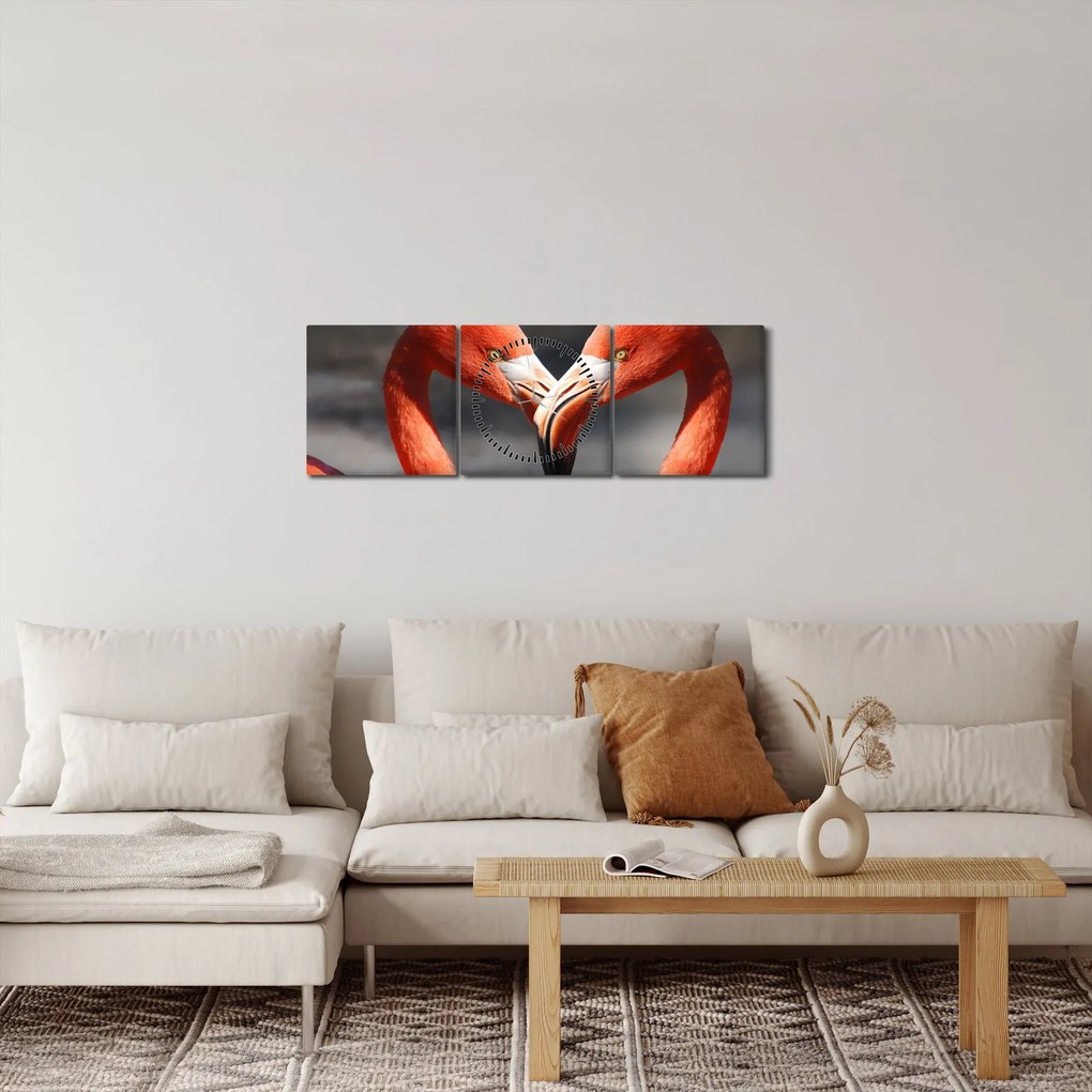 Tablou cu doi flamengo îndrăgostiți (cu ceas) (90x30 cm)