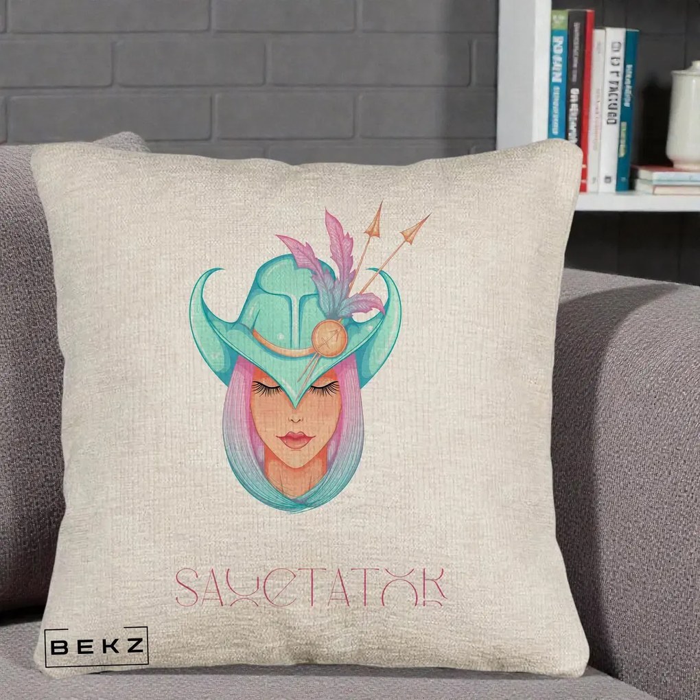 Perna Personalizata Zodiac Sagetator Cowgirl, 40x40 cm, Bej Canapea, Husa Detasabila, Perna Inclusa, BEKZ®
