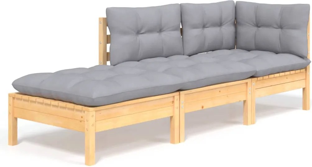 vidaXL Set mobilier grădină cu perne, 3 piese, gri, lemn masiv pin
