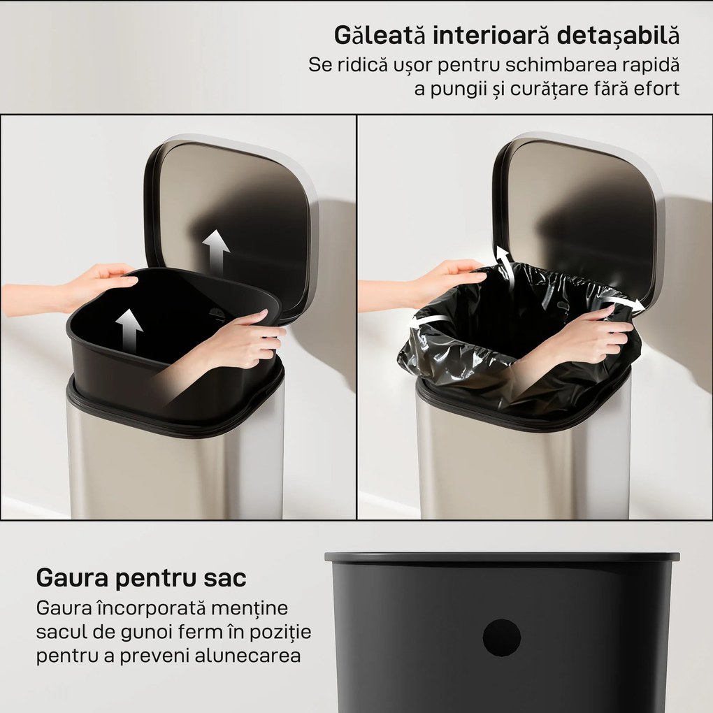 Coș de Gunoi HOMCOM de 30L cu Închidere Amortizată și Găleată Detașabilă, Pedală din Metal și PP, 29x36x59,5 cm, Argintiu | Aosom Romania
