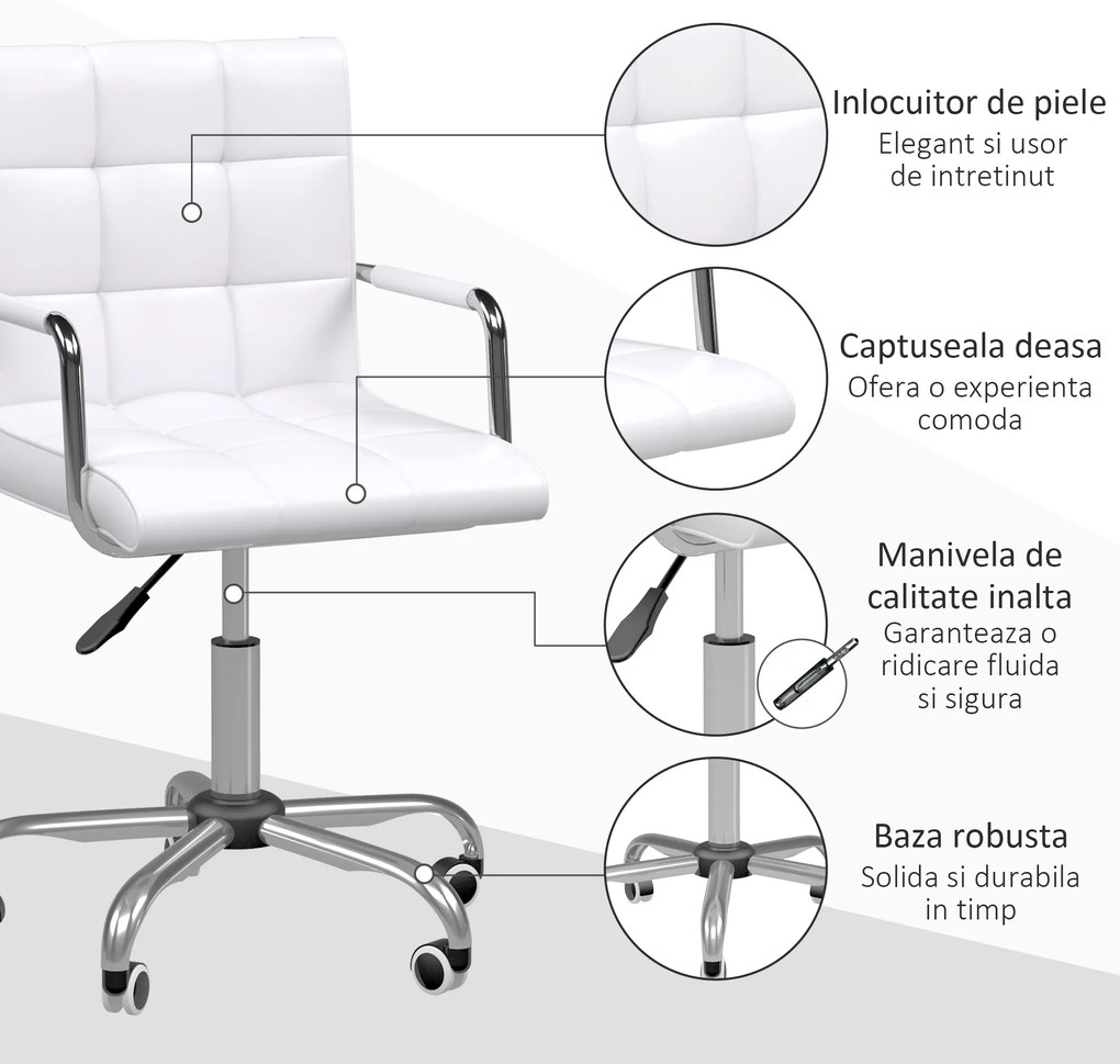 HOMCOM Scaun de Birou din Piele PU cu 5 Rotile Pivotante, Capitonaj și Înălțime Reglabilă, 52,5x54x84-99 cm, Alb | Aosom Romania