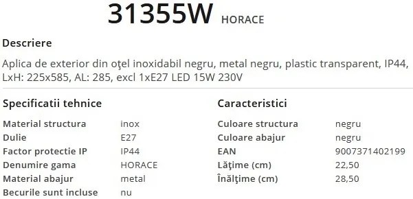 Aplica pentru iluminat exterior design modern, IP44 HORACE 31355W GL