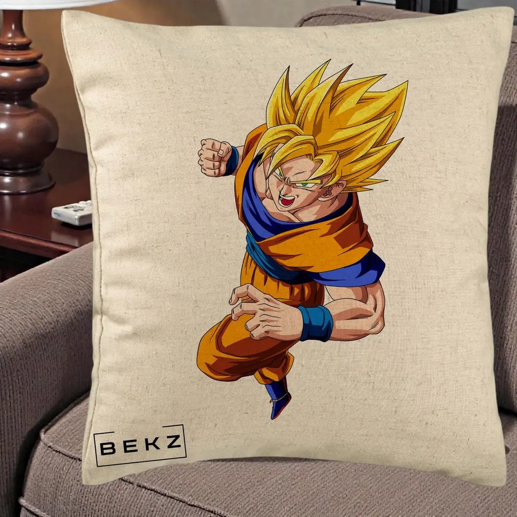 Perna Personalizata Dragon Ball Goku Super Saiyan 2 Lupta, 40x40 cm, Bej, Husa Detasabila, Perna Inclusa, BEKZ®