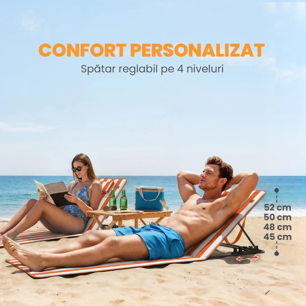 Outsunny Set 2 Șezlonguri Pliabile Portabile pentru Plajă, Spătar Reglabil, Portocaliu. | Aosom Romania