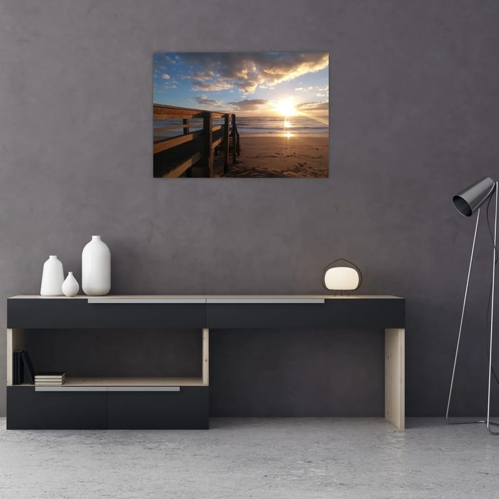 Tablou pe sticlă cu dig, plajă și mare (70x50 cm)