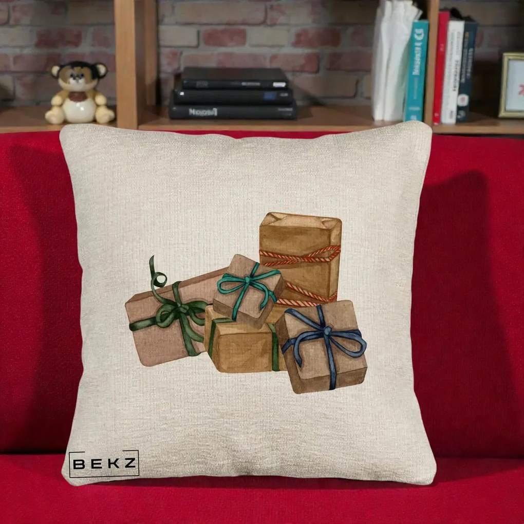Perna Decorativa Cadouri de Craciun Kraft, 40x40 cm, Bej Canapea, Husa Detasabila, Perna Inclusa, BEKZ®