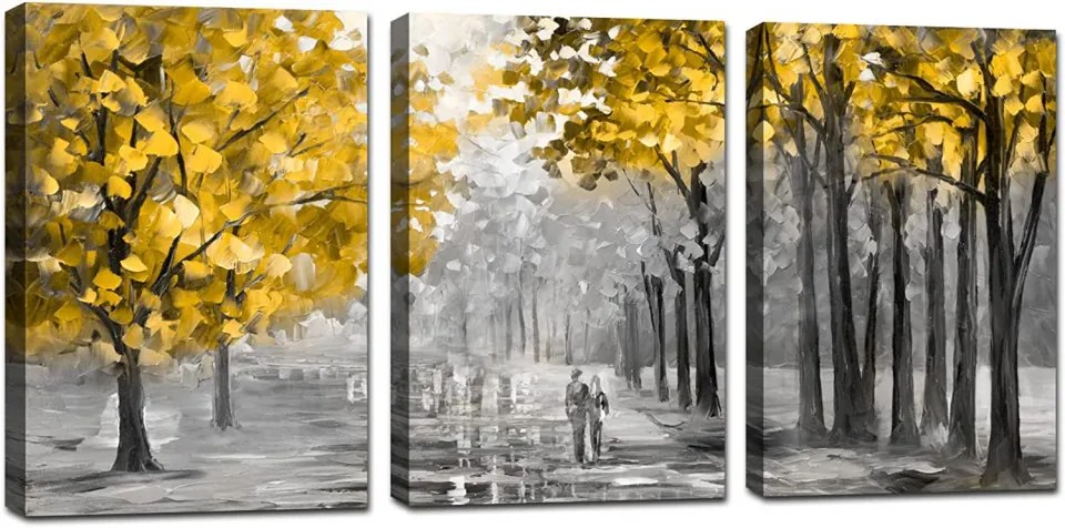 Set de 3 tablouri FajerminArt, panza, gri/galben, 40 x 60 cm