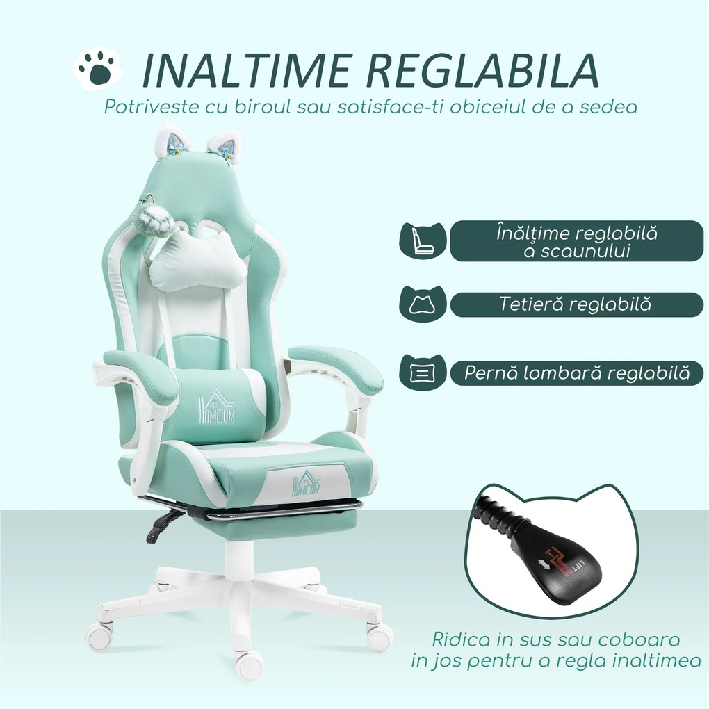 Scaun de Gaming Reclinabil HOMCOM cu Suport pentru Picioare și Perne, din Piele Artificială și Spumă, 65x62x116-124 cm, Albastru și Alb | Aosom Romania