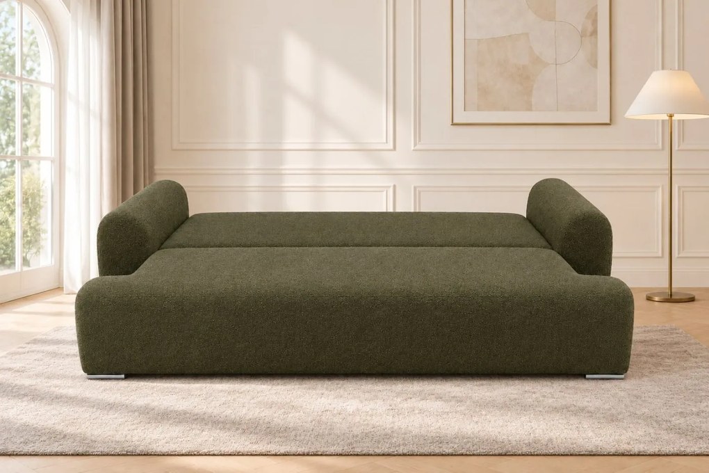 Canapea extensibilă Celeste din boucle, verde olive, cu ladă de depozitare
