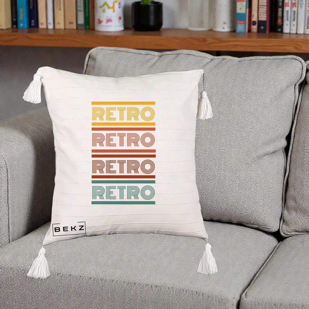 Perna decorativa RETRO Text Multicolor, 45x45 cm cu Umplutura, Bej cu Franjuri, BEKZ