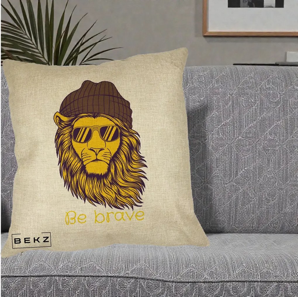 Perna Decorativa Leu Hipster Be Brave, 40x40 cm, Crem, Husa Detasabila, Perna Inclusa, BEKZ®
