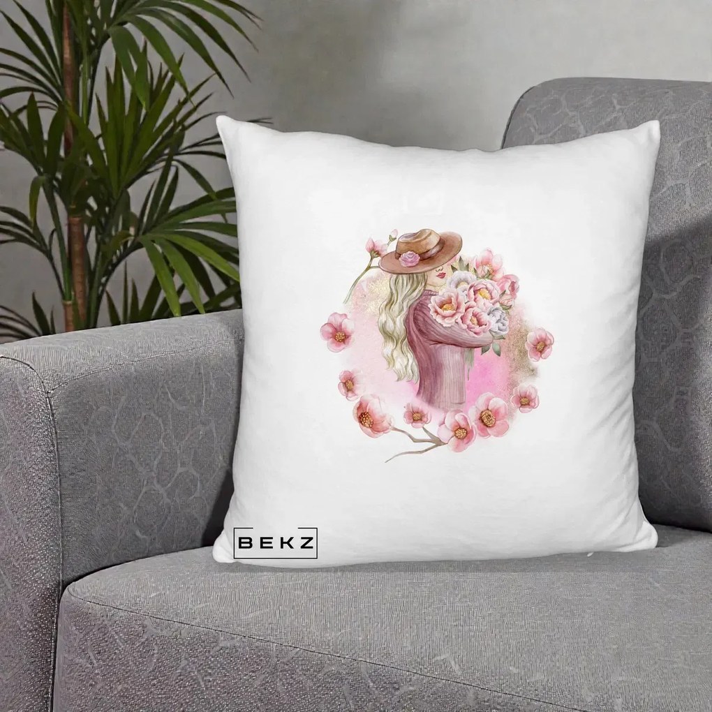 Perna Decorativa Femeie cu Flori Roz Acuarela, 40x40 cm, Alb Pufos, Husa Detasabila, Perna Inclusa, BEKZ®