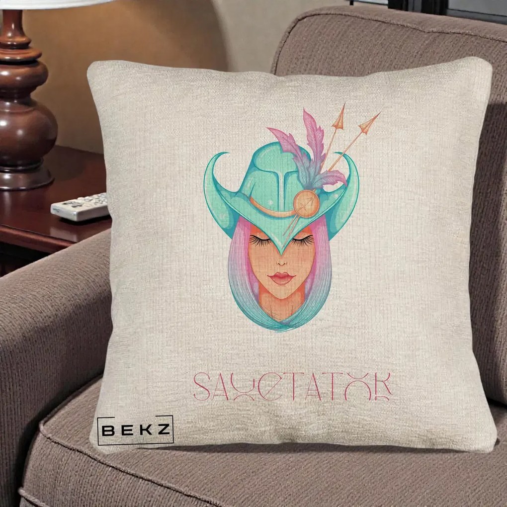Perna Personalizata Zodiac Sagetator Cowgirl, 40x40 cm, Bej Canapea, Husa Detasabila, Perna Inclusa, BEKZ®
