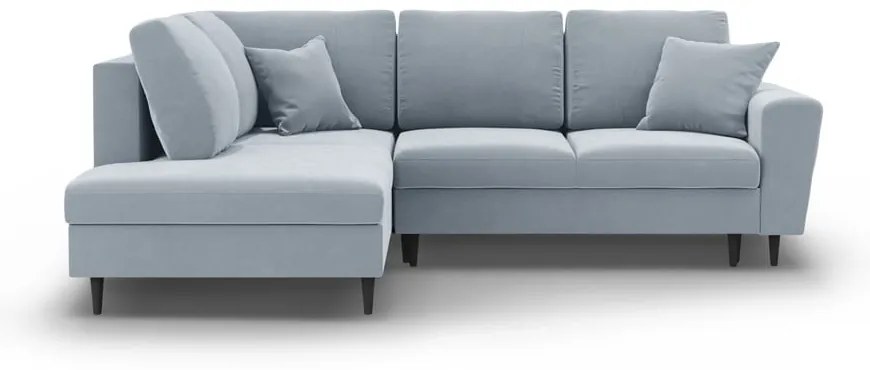 Colțar albastru deschis extensibil, cu spațiu de depozitare cu tapițerie din catifea (cu colț pe partea stângă-în formă de ”L”) Kyoto – Cosmopolitan Design