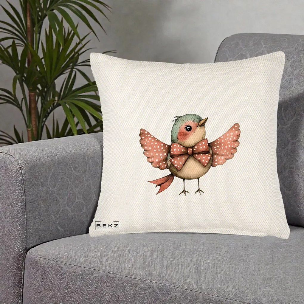 Perna Decorativa Pasare Roz cu Aripi si Fundita, 40x40 cm, Crem Reliefat, Husa Detasabila, Perna Inclusa, BEKZ®