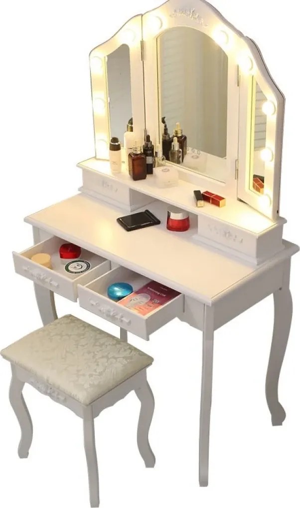 RESIGILAT- Set Anastasia, masă de toaletă cu 3 oglinzi iluminate LED, control touch, 4 sertare, scaun, Alb