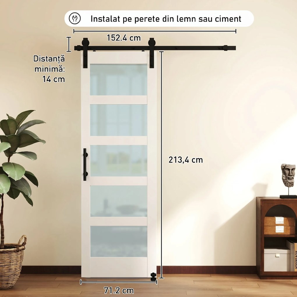 HOMCOM Ușă Culisantă Interior Rustică cu Șină Silențioasă, Kit Feronerie și Mâner, Alb | Aosom Romania