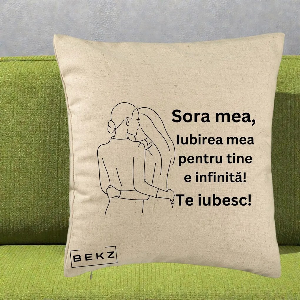 Cadou pentru Sora - Perna Personalizata Sora Mea Te Iubesc Imbratisare din Spate Line Art, 40x40 cm, Bej, Husa Detasabila, Perna Inclusa, BEKZ®