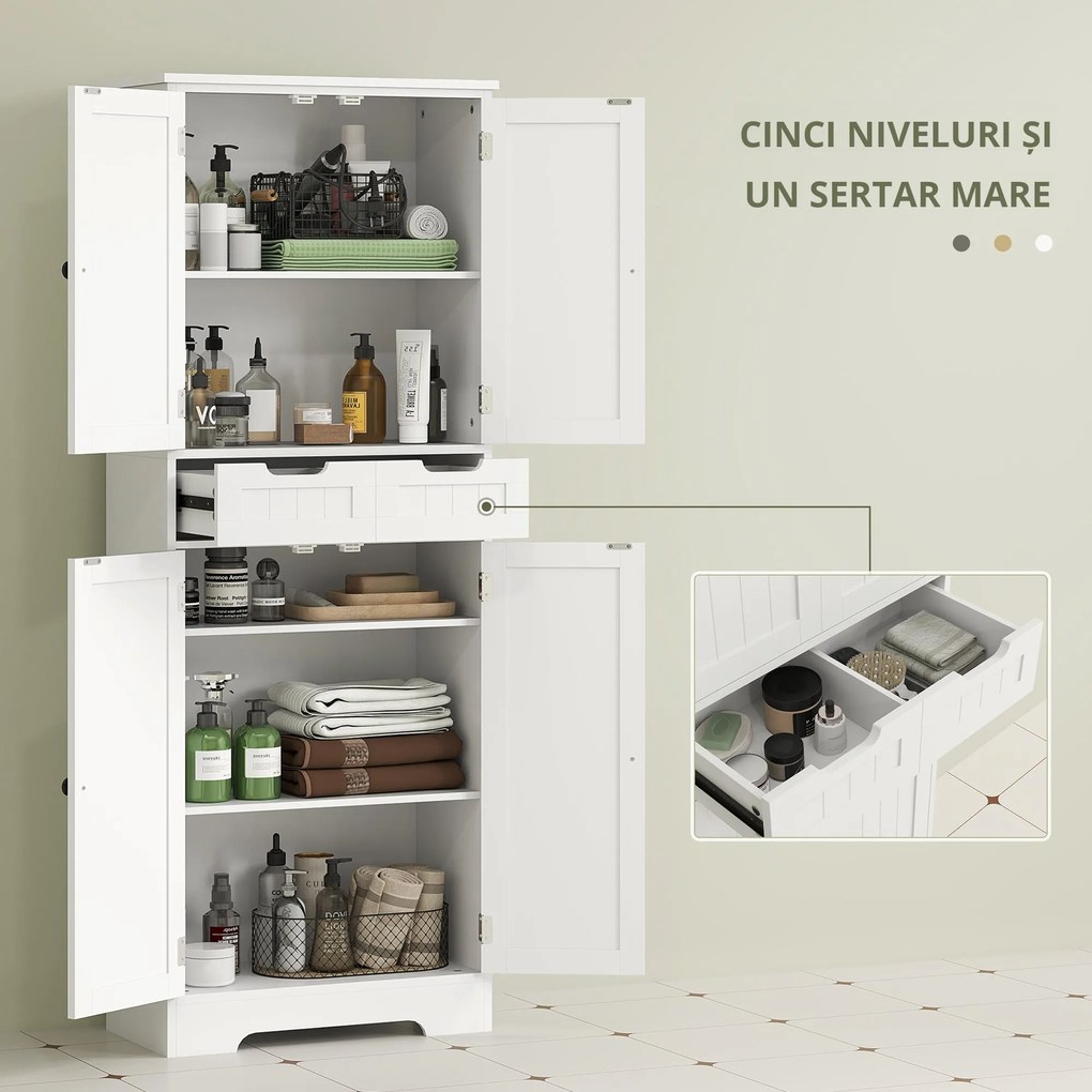 HOMCOM Mobilier de baie cu sertar, dulap cu uși, raft reglabil, 60 x 30 x 160 cm, alb | Aosom Romania