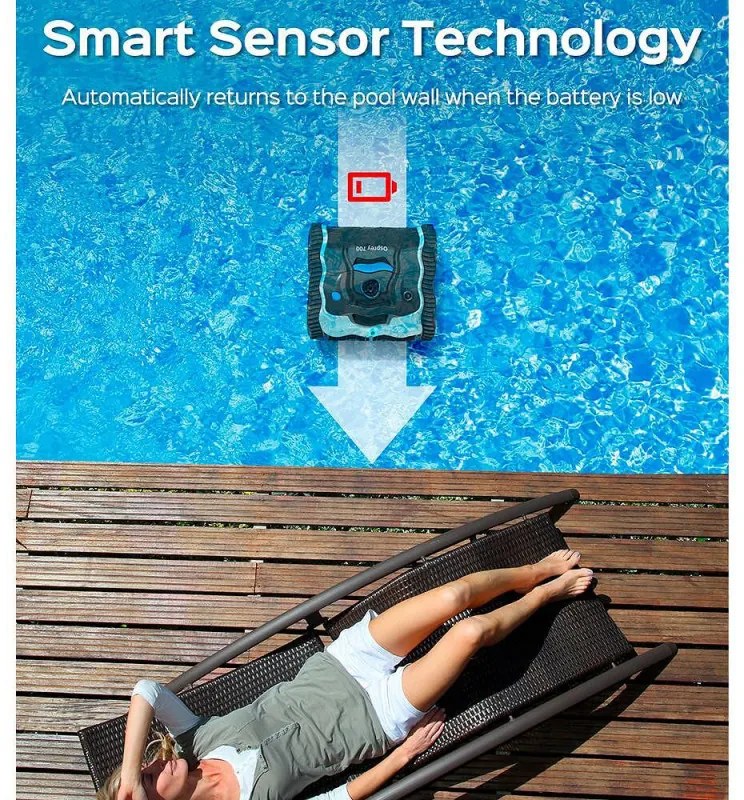 Robot cuaratre piscine fara fir Wybot Osprey 700 (X100), Li-Ion 8800 mAh, Pana la 80 m°, Autonomie pana la 110 minute, Auto-revers, Auto-parcare, Alb/Negru