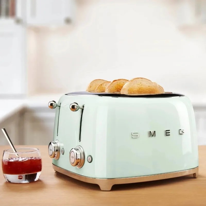 Prăjitor de pâine SMEG 50's Style TSF03PGEU, 2000 W, 4 felii, 6 niveluri, Tava pentru firimituri, Cablu integrat, Oțel inoxidabil, Verde