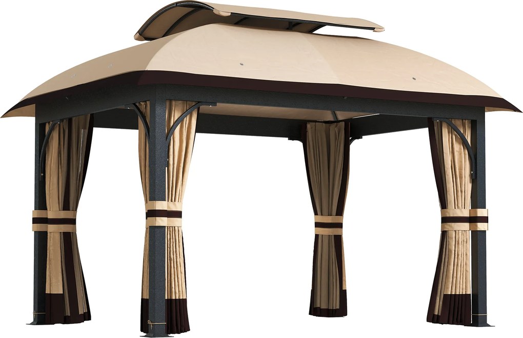 Outsunny Pavilion de grădină, 3,3 x 4 m cort de grădină cu draperii din plasă, acoperiș în două niveluri, acoperire din piele ecologică, cadru metalic, Khaki | Aosom Romania
