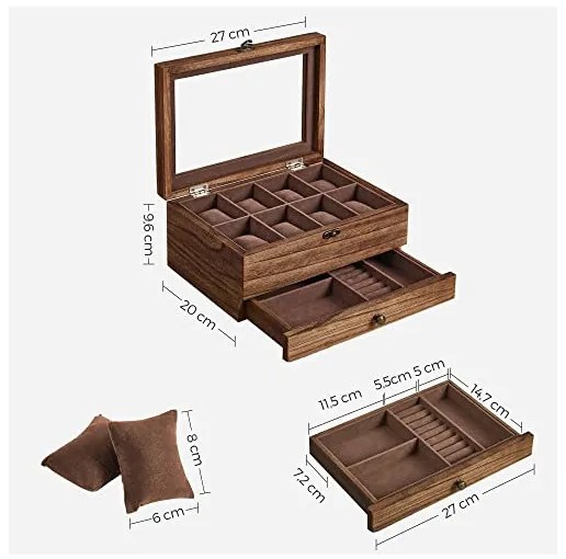 Cutie de bijuterii, Songmics, 19 x 27 x 12.5 cm, JOW008K01, Maro