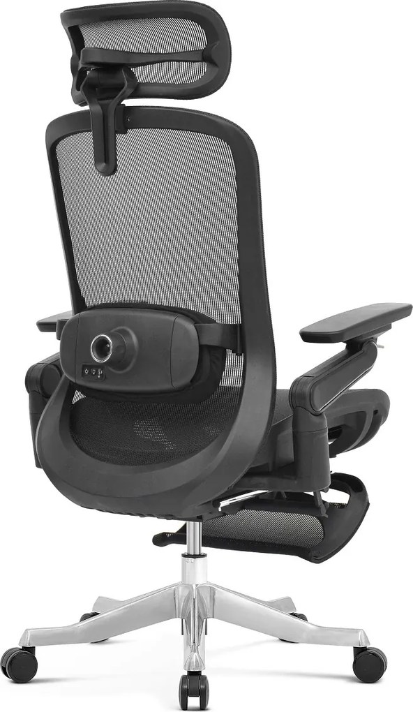 Scaun ergonomic premium Camila-H-MF, masaj lombar, șezut glisant, tetieră 4D, cotiere 6D, reclinare 145°, suport picioare, Full Mesh, bază aluminiu, Negru