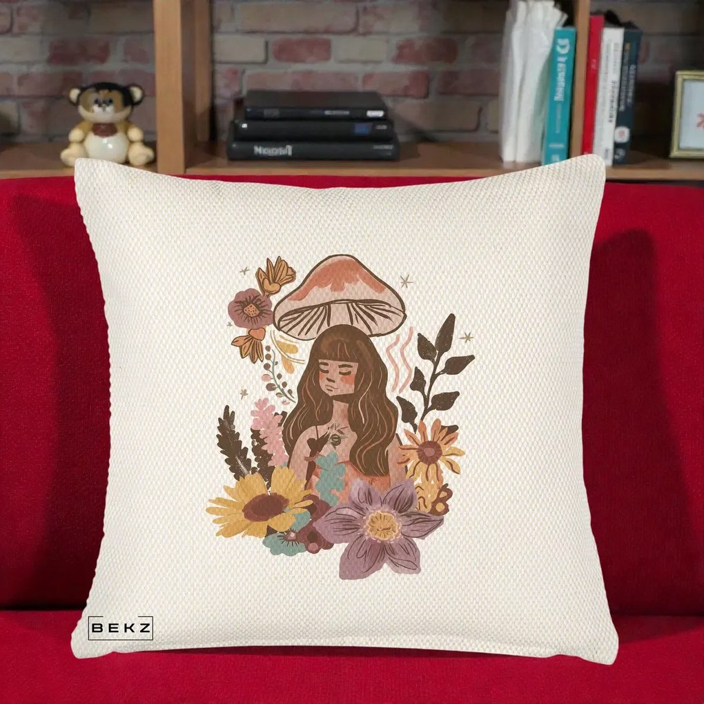 Perna Decorativa Fata Ciuperca Boho Florala, 40x40 cm, Crem Reliefat, Husa Detasabila, Perna Inclusa, BEKZ®