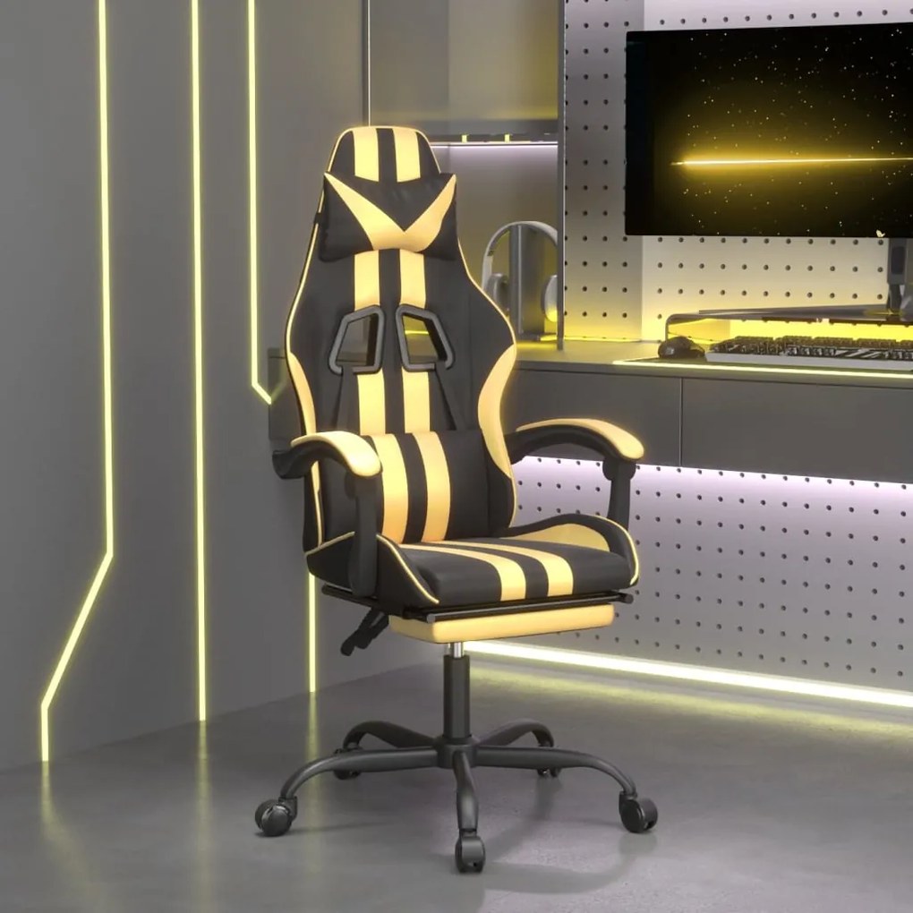 Scaun de gaming cu suport picioare negru auriu, piele ecologica