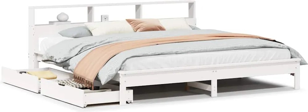 vidaXL Pat cu bibliotecă fără saltea, alb, 200x200 cm, lemn masiv pin