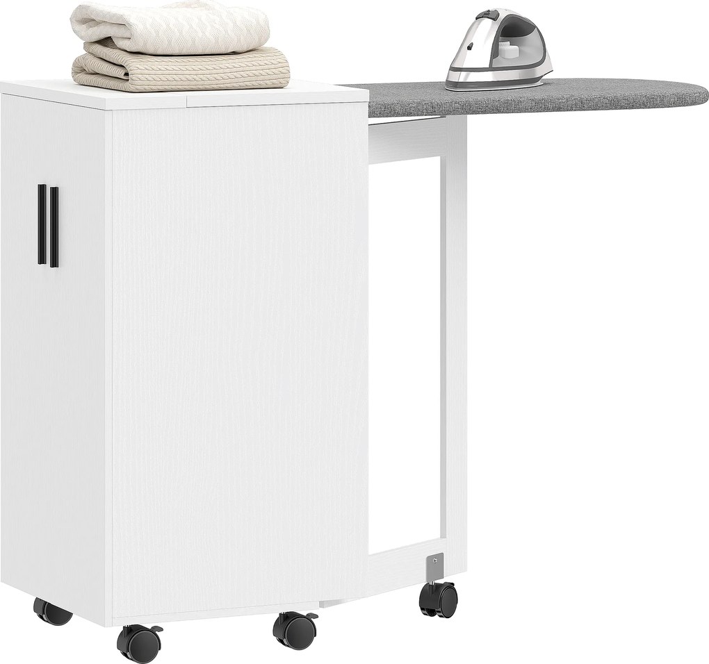 HOMCOM Mobilier de călcat 2 en 1, masă de călcat pliante pe roți cu etajeră reglabilă și balamale, alb | Aosom Romania