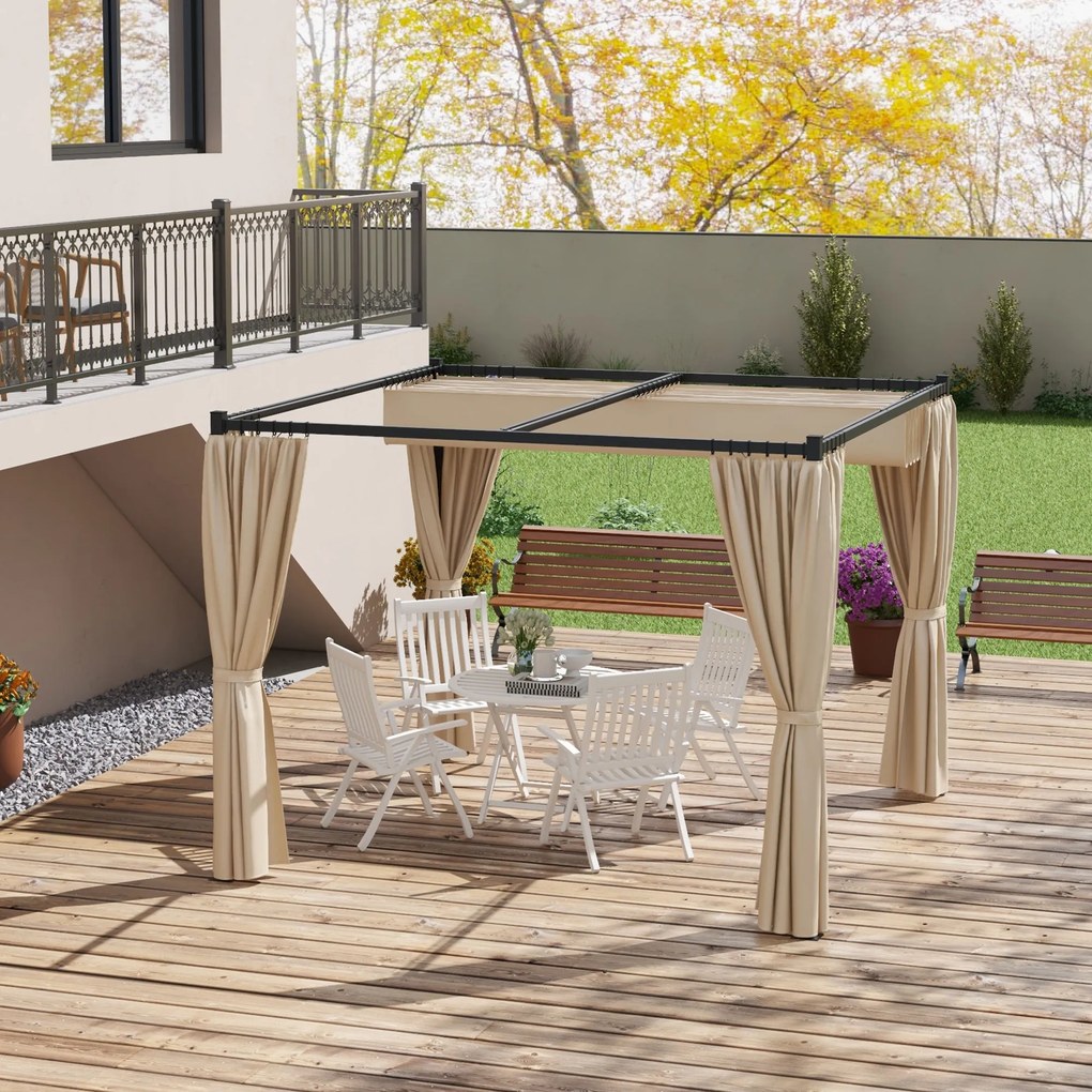 Outsunny Pergola 3 x 3(m) cu acoperis copertina retractabila si perdele, Foisor de exterior cu cadru metalic pentru gradina, Adapost de soare