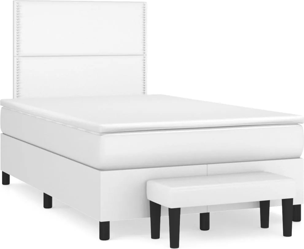 vidaXL Pat box spring cu saltea, alb, 120x200 cm, piele ecologică