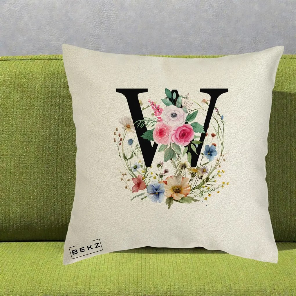 Cadou Personalizat - Perna Personalizata Monograma Florala Litera W, 40x40 cm, Ecru, Husa Detasabila, Perna Inclusa, BEKZ®