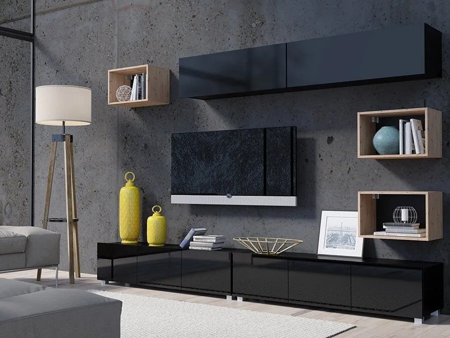 Camera de zi Providence B149Negru, Stejar Artisan, Negru lucios, Cu comodă tv, Cu componente suplimentare, Părți separate, PAL laminat, 300x43cm, 93 kg