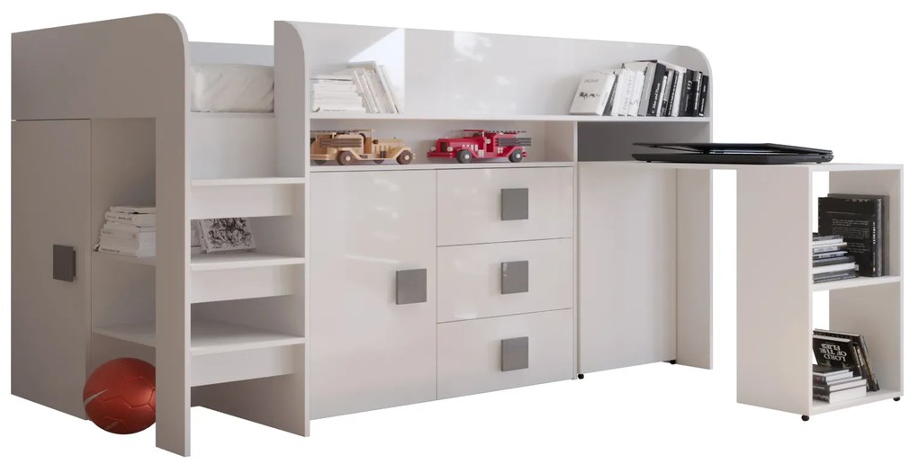 Pat multifuncțional 90 cm Toreno 1 (Alb + alb lucios + mânere gri lucios). 1083311