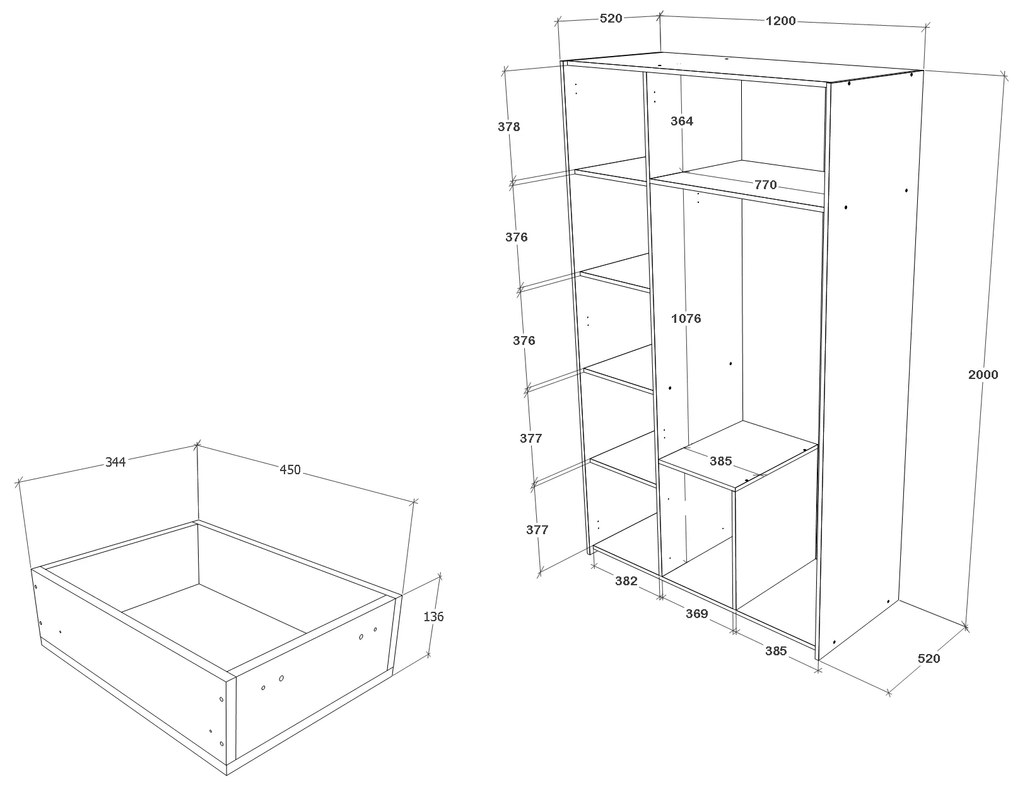Dulap Malmo, 2 Sertare, 3 Usi, cu oglinda, Stejar Alb/Antracit, 120 x 52 x 200 cm