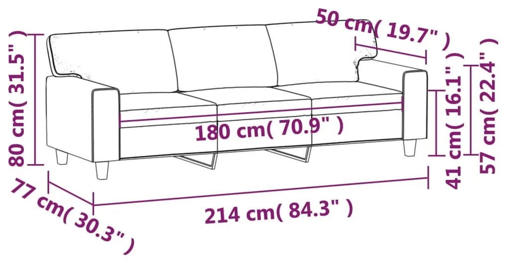 Canapea cu 3 locuri, negru, 180 cm, piele ecologica Negru, 214 x 77 x 80 cm