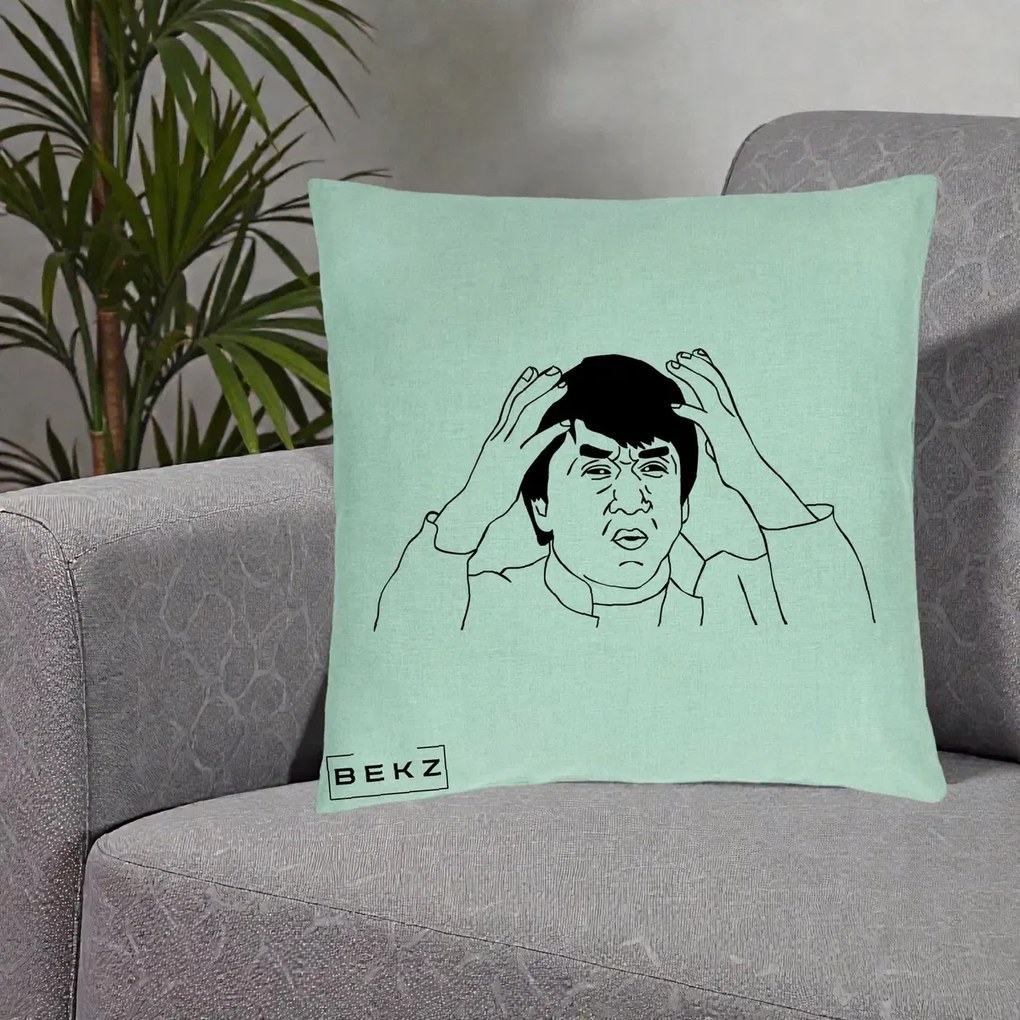 Perna Decorativa Jackie Chan WTF, 40x40 cm, Verde Menta, Husa Detasabila, Perna Inclusa, BEKZ®