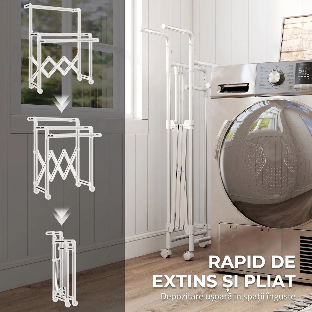 HOMCOM Uscător de Rufe Pliabil cu 3 Bare Reglabile, Uscător Vertical cu Roți Pivotante și Cadru din Oțel Inox, Uscător pentru Acasă și Spălătorie, Argintiu | Aosom Romania