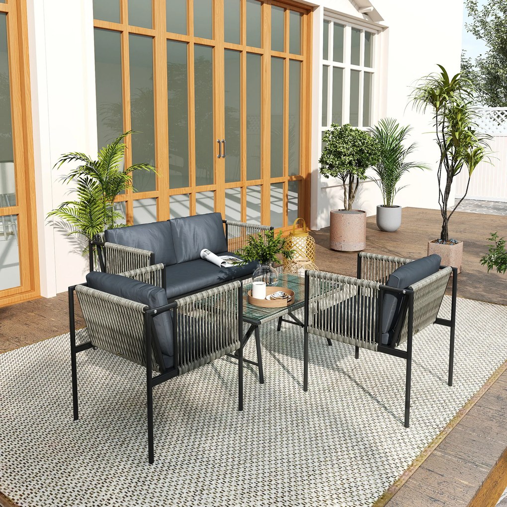 Outsunny Set de Exterior din Rattan 2 Fotolii, Canapea și Măsuță Gri | Aosom Romania