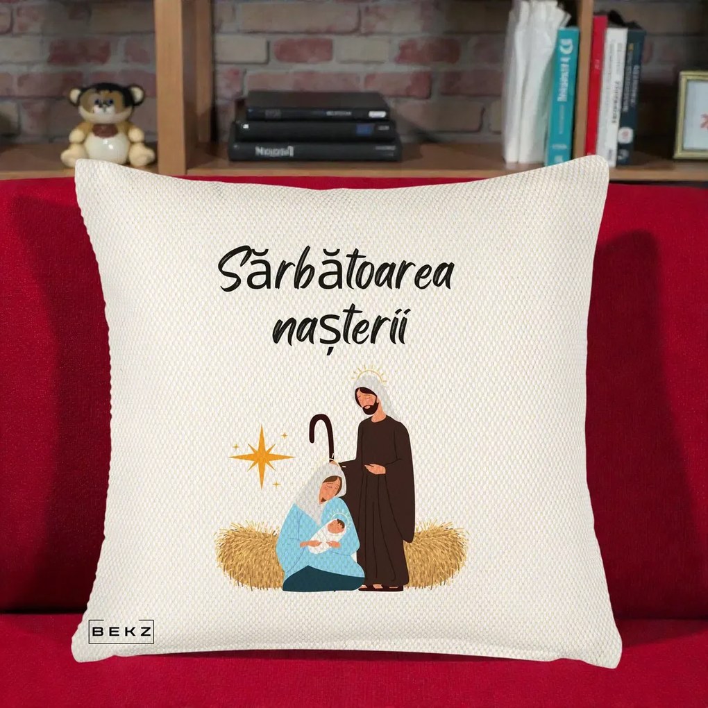 Perna Decorativa Nasterea Domnului Sfanta Familie Sarbatoarea Nasterii, 40x40 cm, Crem Reliefat, Husa Detasabila, Perna Inclusa, BEKZ®