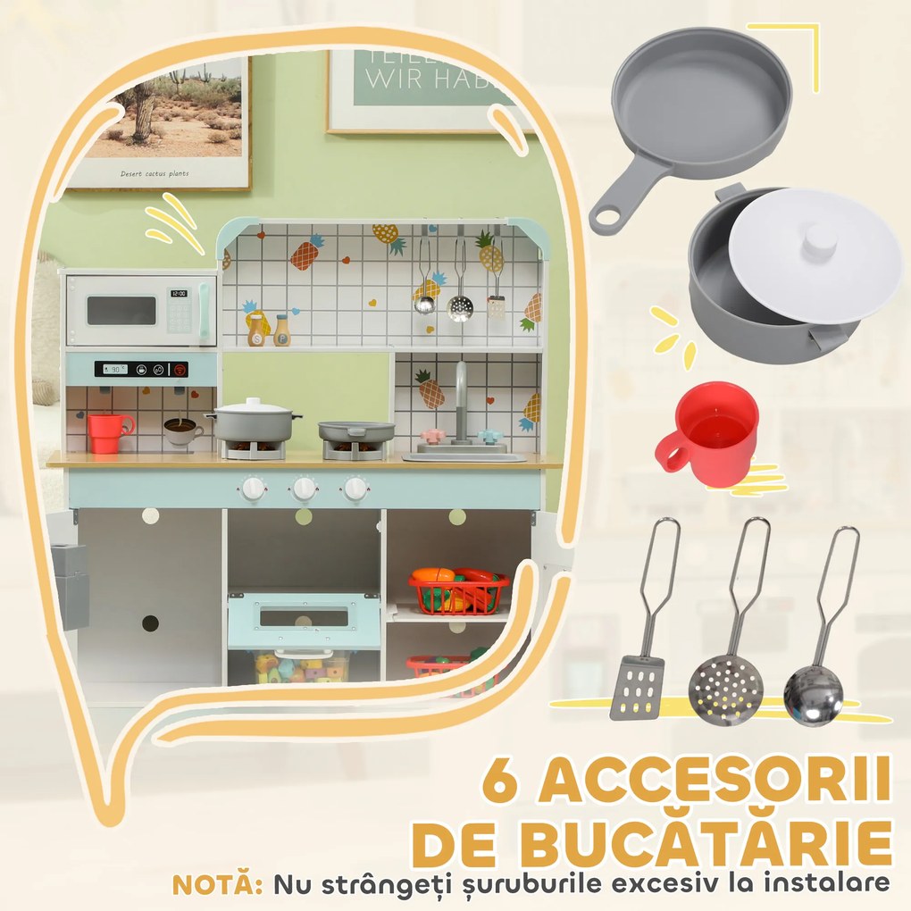 AIYAPLAY Bucătărie de Jucărie pentru Copii de 3+ Ani din Lemn, Aragaz Interactiv, Cuptor și Mașină de Cafea, Albă | Aosom Romania