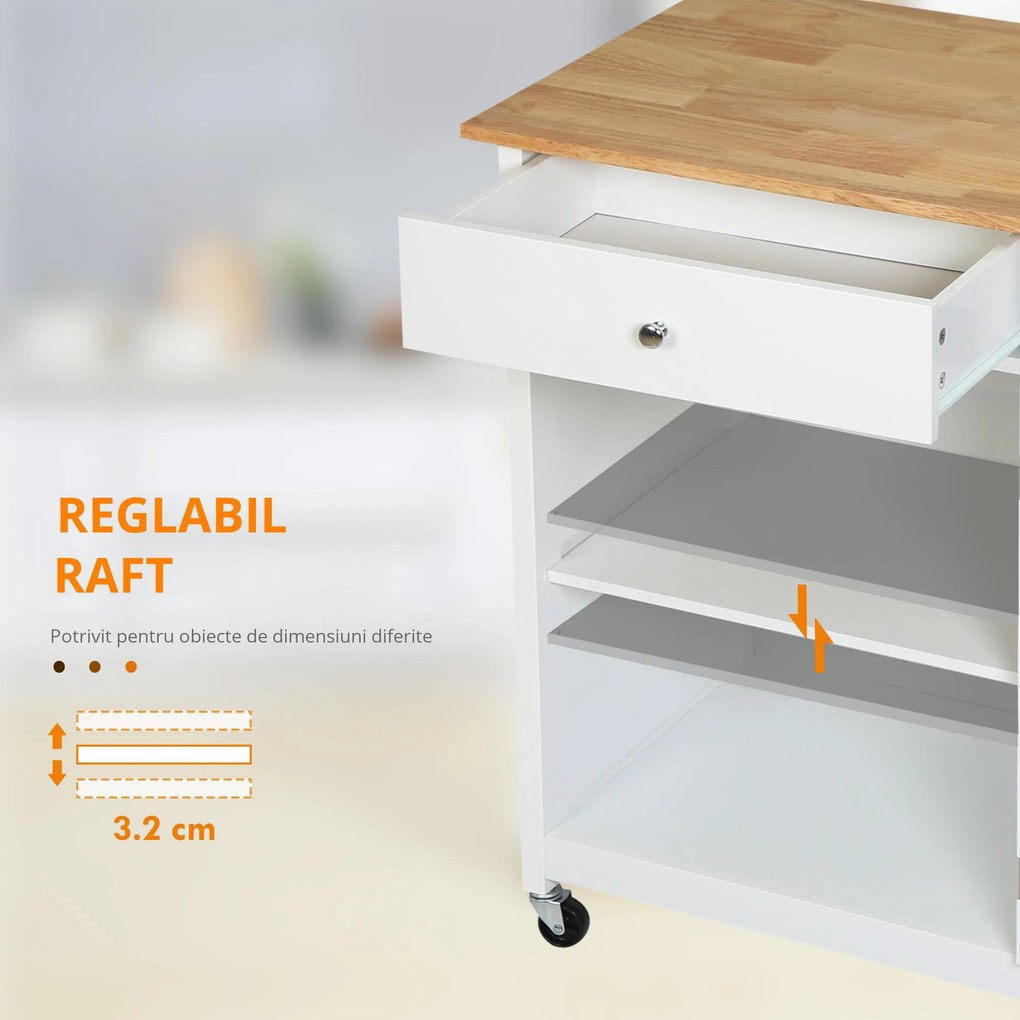 HOMCOM Cărucior Bucătărie Compact, Multifuncțional, Spațiu Depozitare, 67x48x86.5cm, Design Modern, Alb | Aosom Romania