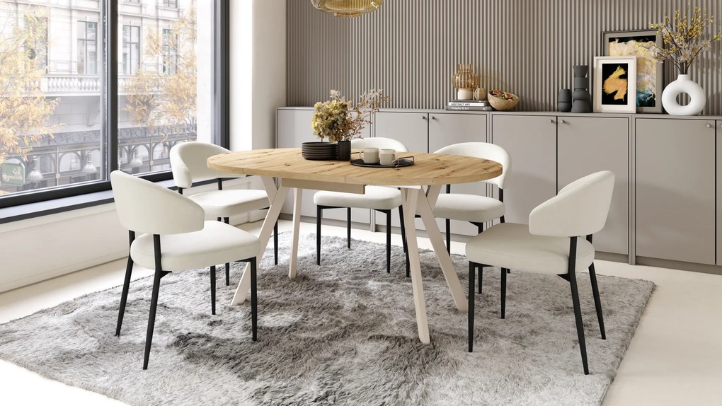 Mazzoni ALDO Stejar Artisan/picioare bej - MASĂ ROTUNDĂ EXTENSIBILĂ CU PICIOARE ÎN FORMĂ DE "Y" STIL LOFT PENTRU SALON/SUFRAGERIE
