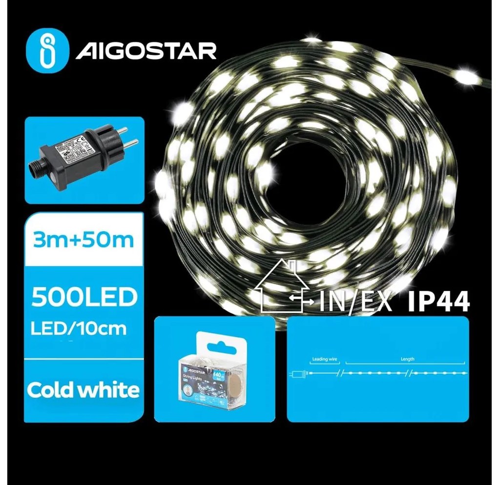 Instalație LED de Crăciun de exterior Aigostar 500xLED/8 funcții 53m IP44 alb rece